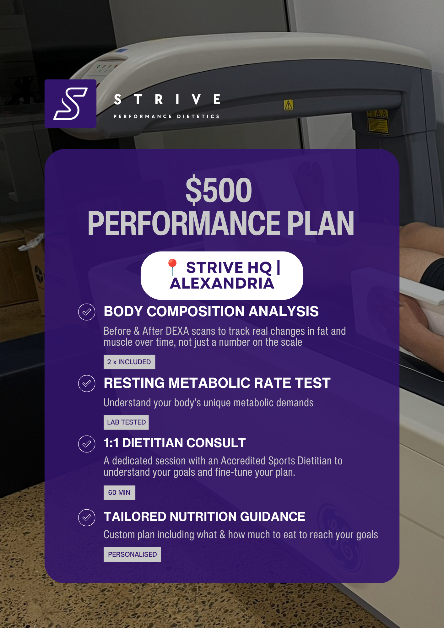 STRIVE $500 Performance Plan — DEXA body composition, resting metabolic rate test and 1:1 dietitian consult at STRIVE HQ Alexandria